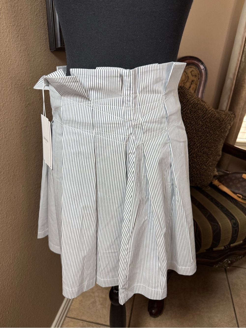 Paperbag Waist Striped Skater Skirt - White/Black